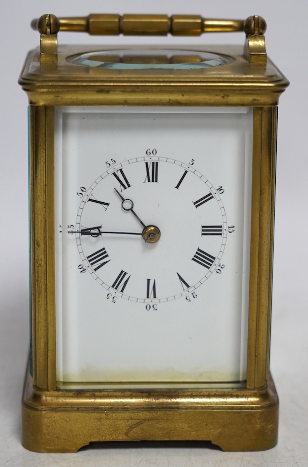 A late 19th century Drocourt brass case carriage timepiece, 14cm. Condition - fair, not tested as working